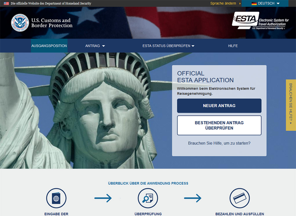 ESTA Antrag: Screenshot der Website